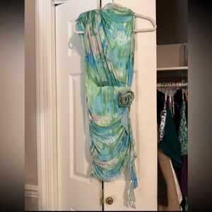NWOT Green and Blue Draped Dress with Floral Accent
